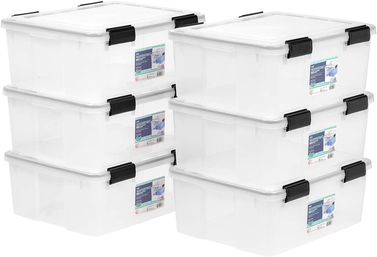 

IRIS USA Weather Контейнеры для хранения Pro 31 Qt с крышками, 6 упаковок, коробка с пластиковыми прокладками, не содержащими BPA, с плотной защелкой и уплотнением, штабелируемая встраиваемая большая ванна - прозрачный/черный, Clear/Black