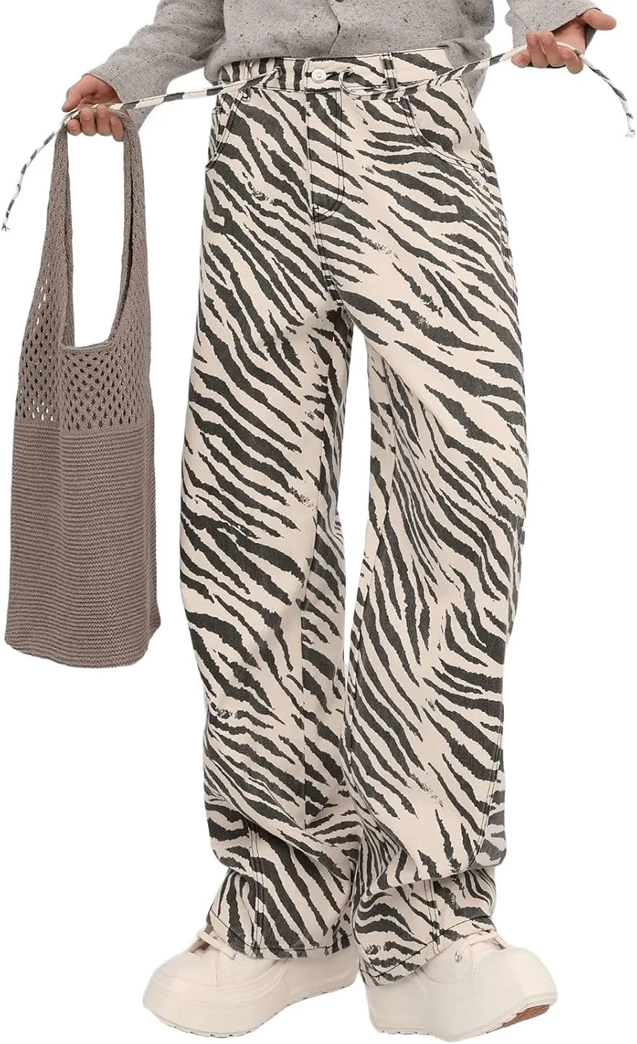 

Осенние брюки для женщин High Waisted Zebra Print Baggy Wide Leg FEUSEUZ