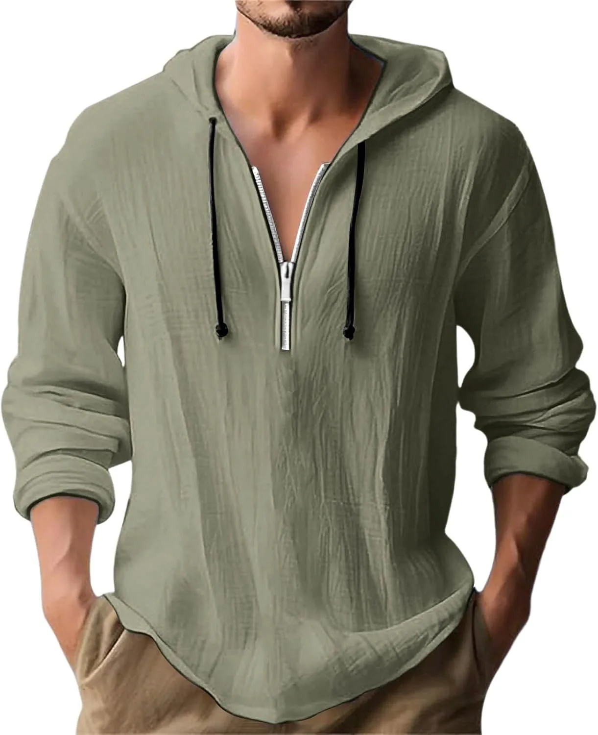 

Мужская хлопковая льняная рубашка с капюшоном на молнии