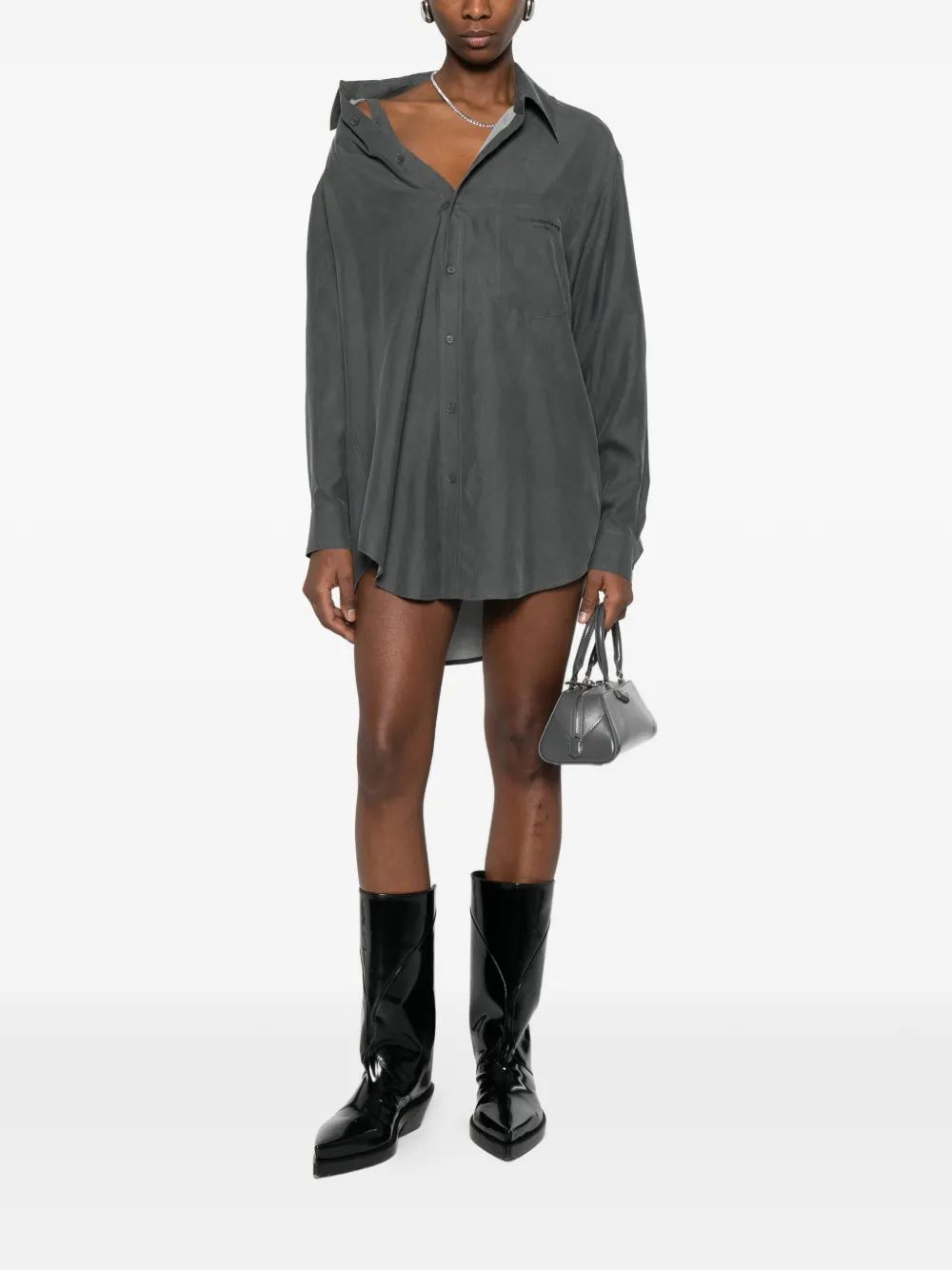 Платье-рубашка с открытыми плечами, заранее стилизованное Alexander Wang, серый — фото 2