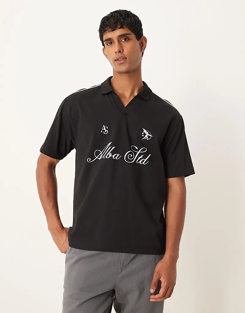 

Свободное поло из плотной ткани ASOS DESIGN с принтом черного цвета