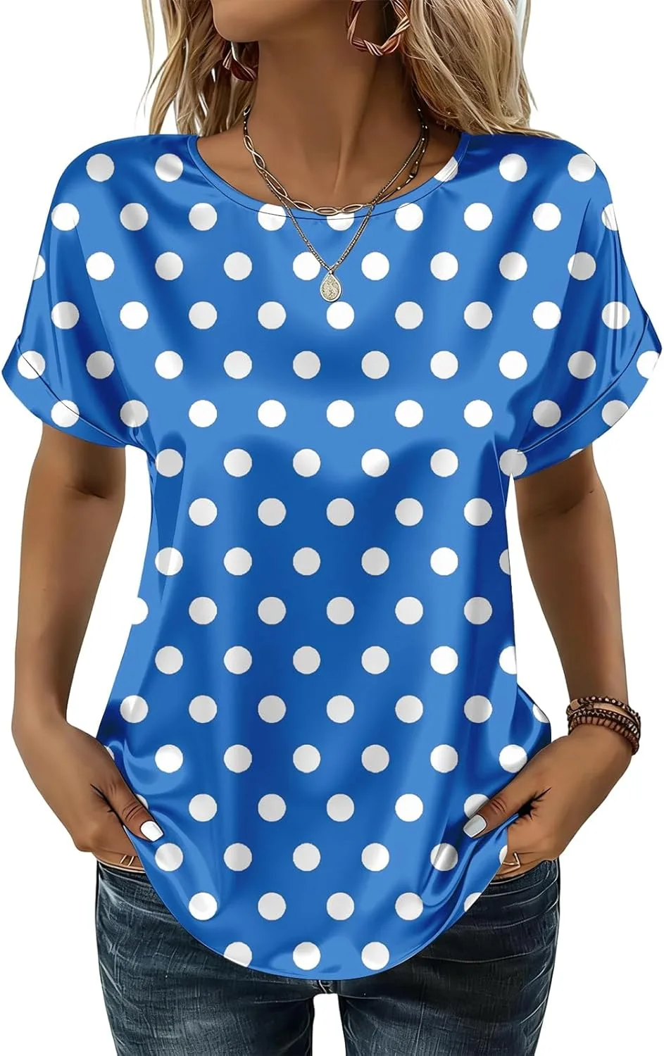 

Женская блузка из шелка с круглым вырезом и коротким рукавом