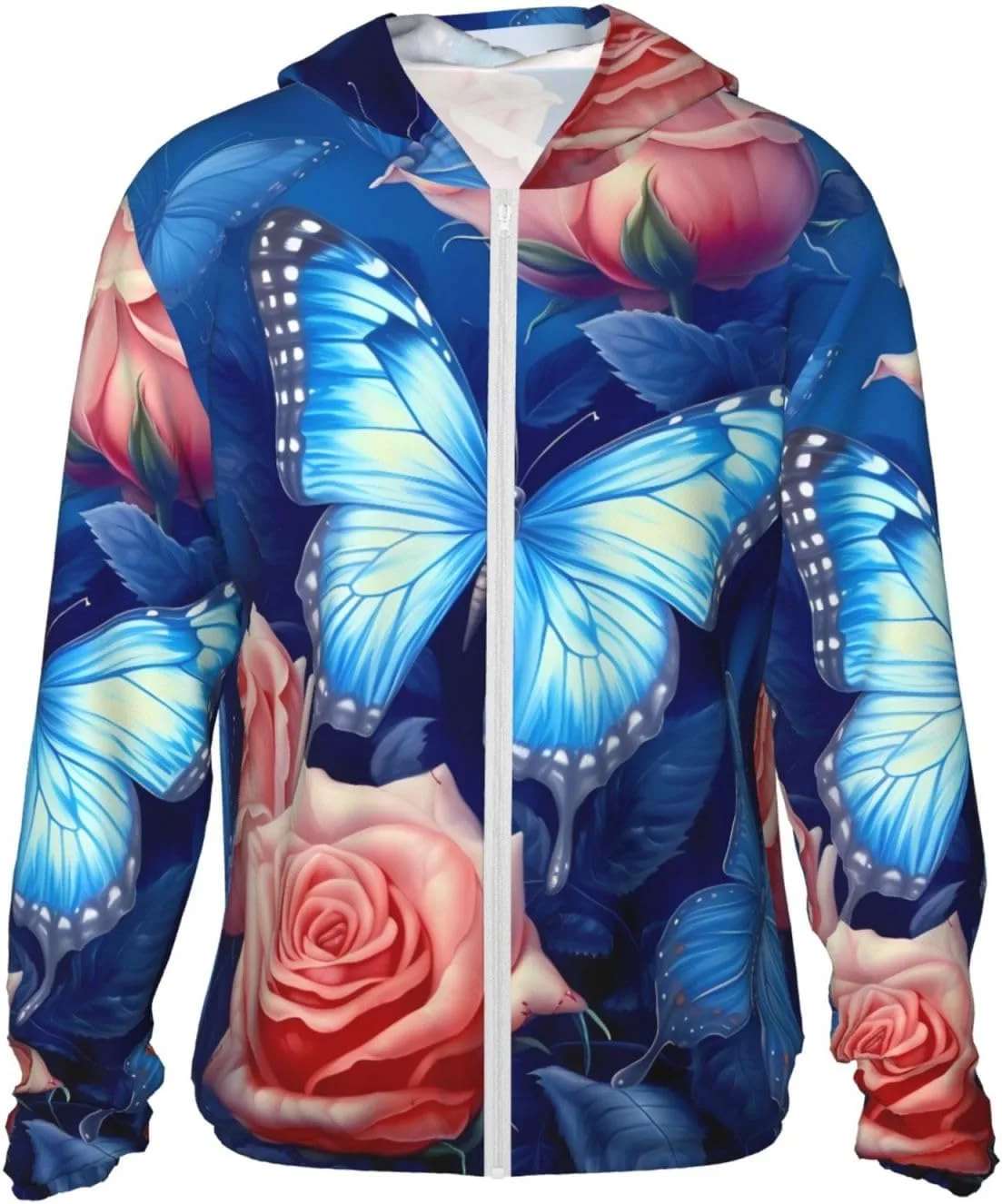 

Мужская толстовка с капюшоном UPF 50+ на молнии, с длинным рукавом и принтом "butterflies on roses" FHEBNDS