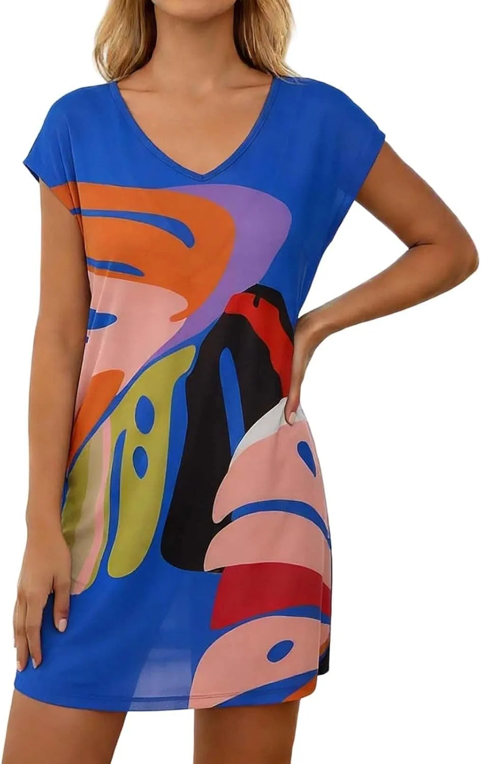 Generic Пляжные накидки для женщин, летние, с коротким рукавом и V-образным вырезом, с праздничным принтом, свободного кроя, для вечеринки у бассейна, синий