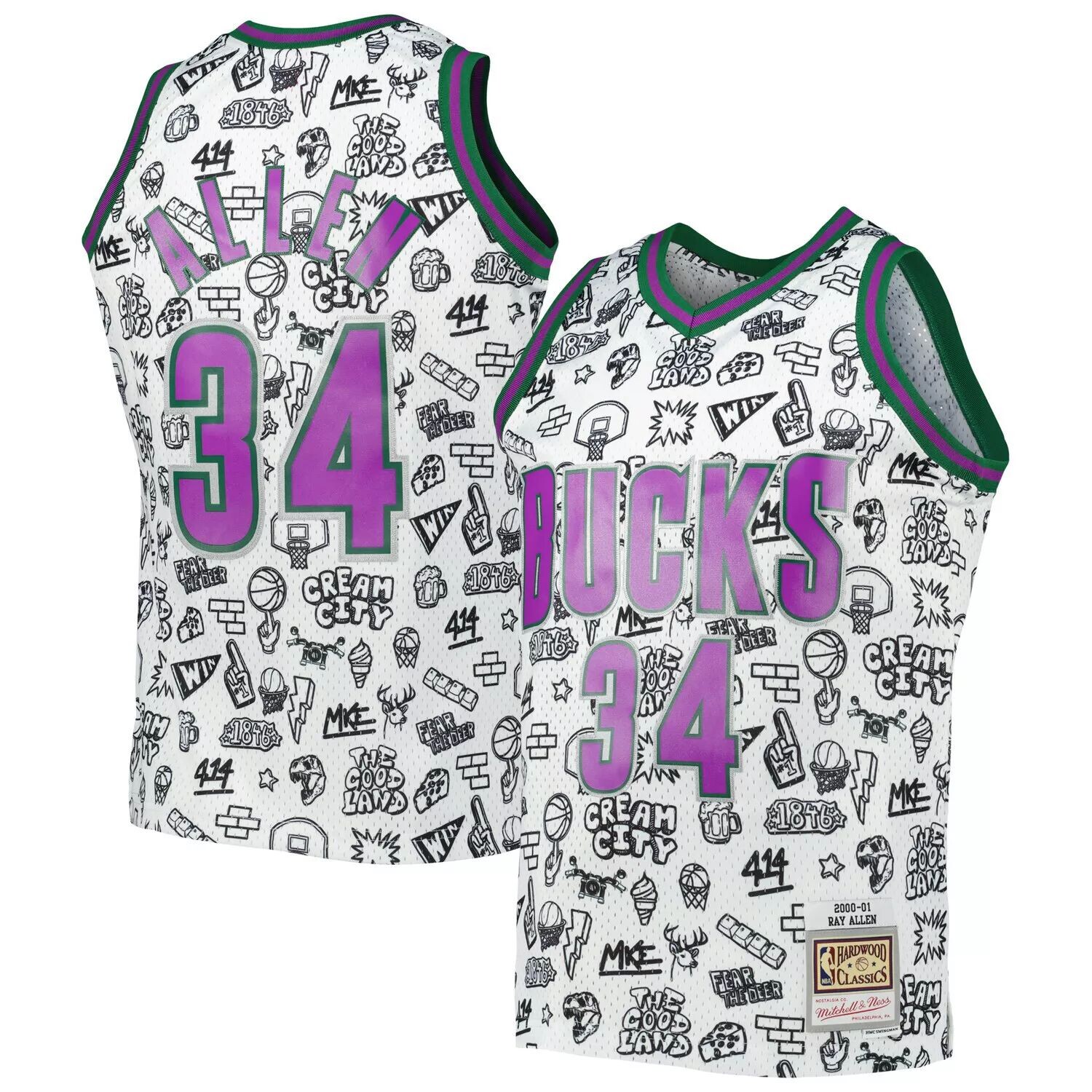 

Мужская майка Mitchell & Ness Ray Allen White Milwaukee Bucks 2000-01 Hardwood Classics Doodle Swingman