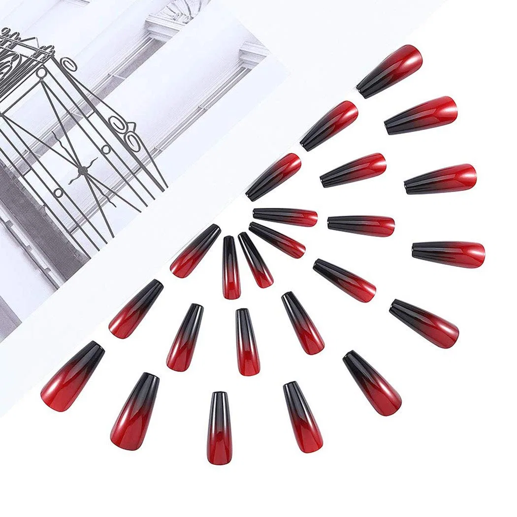 Длинные глянцевые накладные ногти Coffin Black and Red Ballerina, 24 шт. Handcess, Red — фото 3