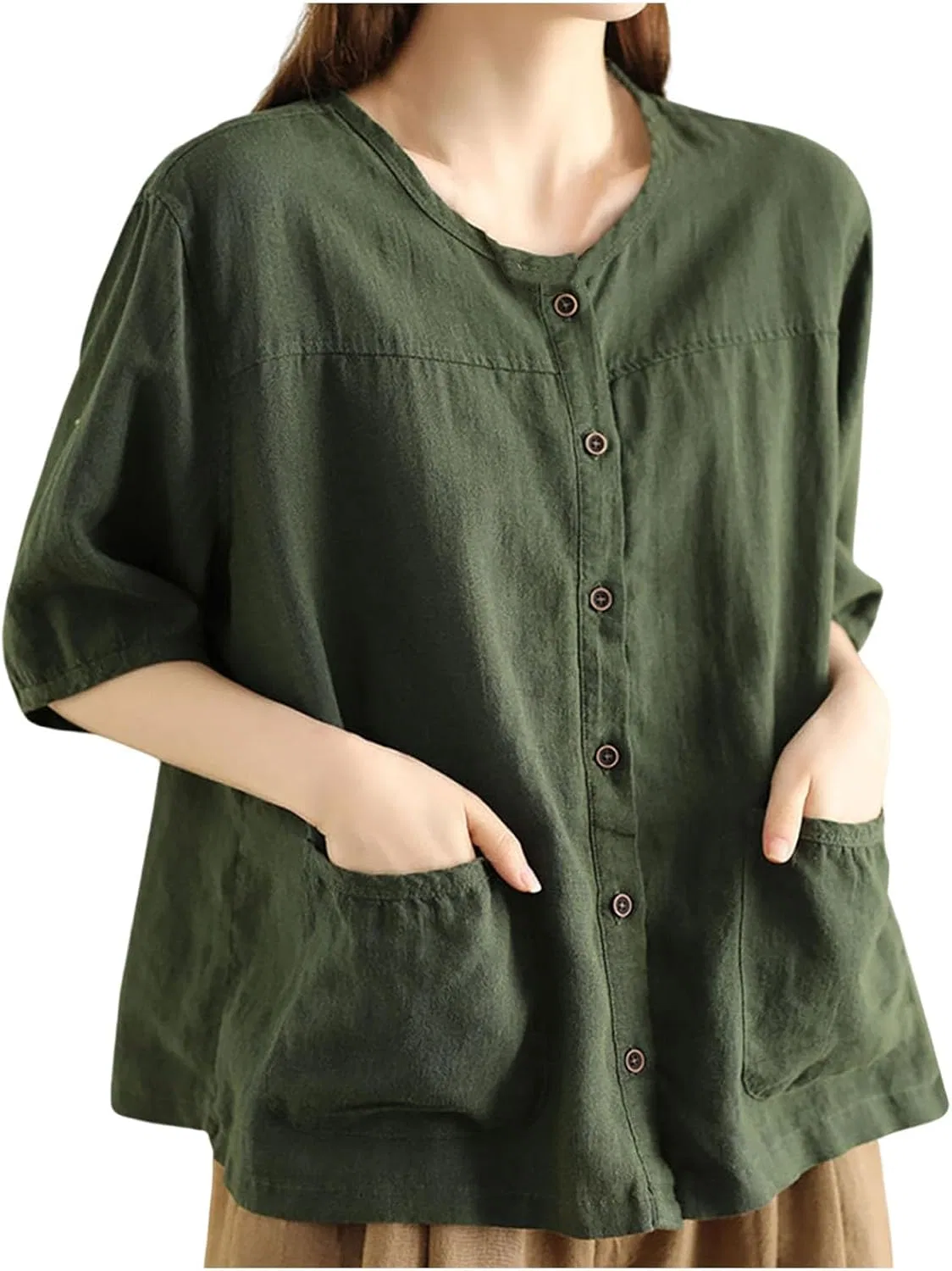 Блуза, длинный рукав, Cotton Linen Shirt, зеленый