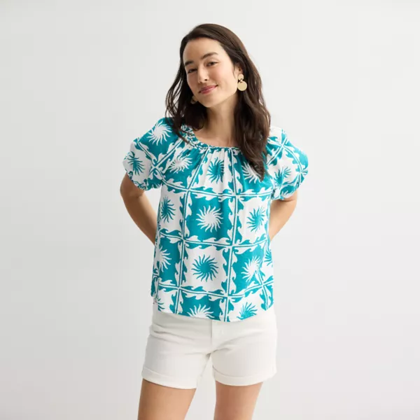

Женская крестьянская блузка из шелковистой ткани Sonoma Goods For Life, цвет teal sun print