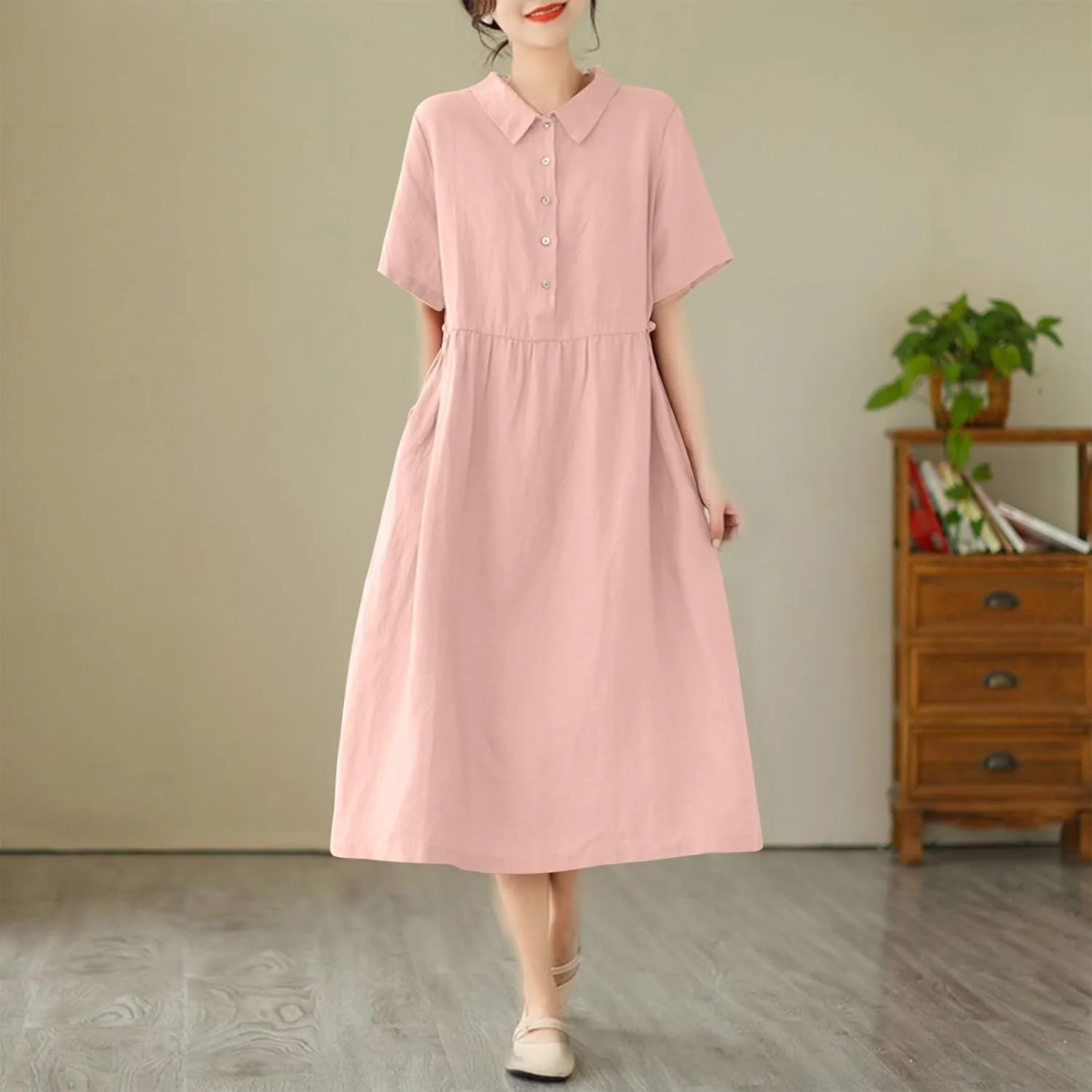 Женское летнее платье Casual в стиле рубашки с коротким рукавом и отложным воротником, свободное милое для прогулок, работы и отпуска Generic, розовый — фото 2
