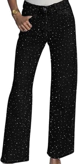 Джинсы прямого широкого кроя с блестками, Black