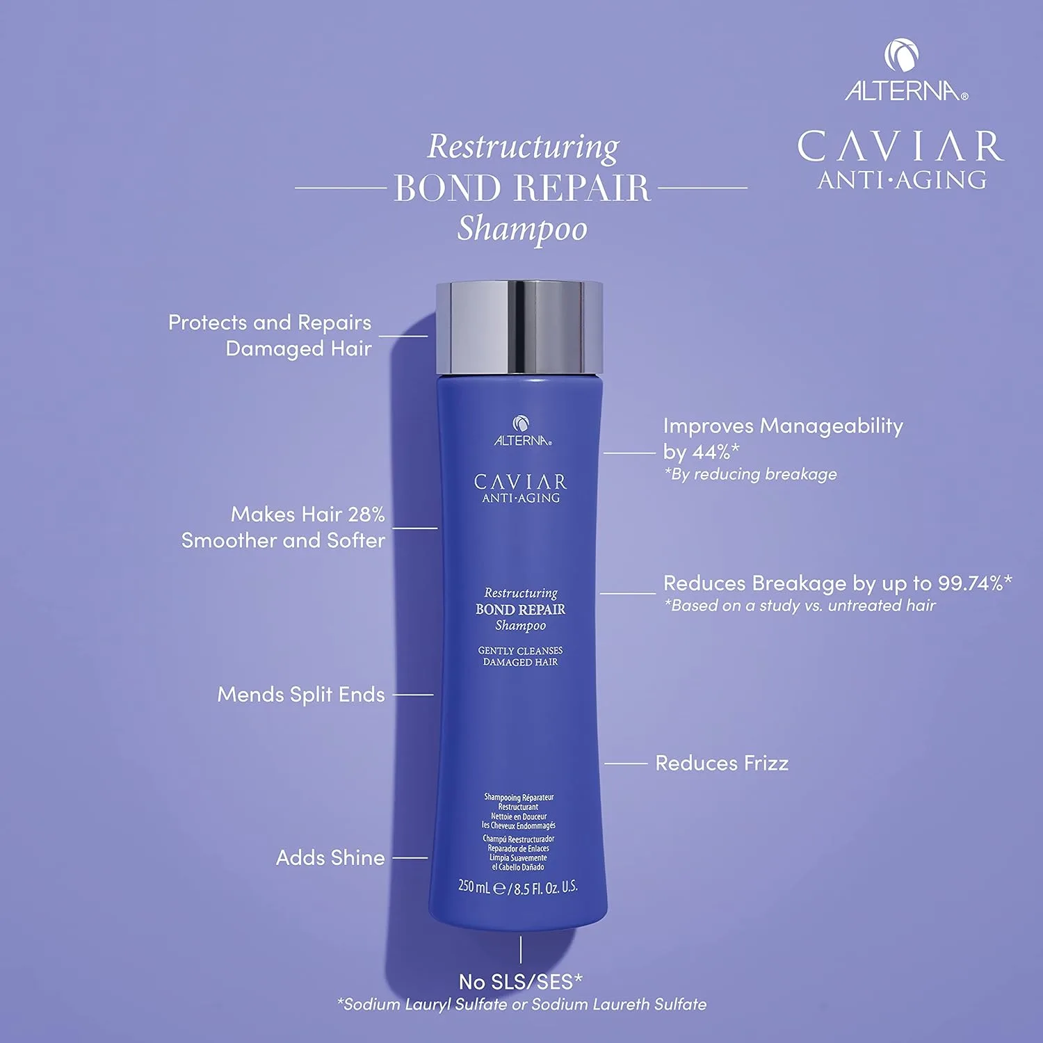 Шампунь Alterna CAVIAR Anti-Aging Restructuring Bond Repair | Для ломких, поврежденных волос и волос с секущимися кончиками | Восстанавливает, укрепляет и защищает поврежденные волосы | Без сульфатов — фото 2