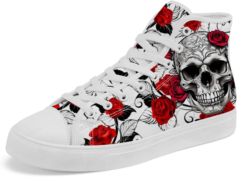 

Кеды с высоким берцем с цветочным черепом, кроссовки с высоким берцем с черепом, шнуровка, повседневная обувь для женщин и мужчин Chebing, красный