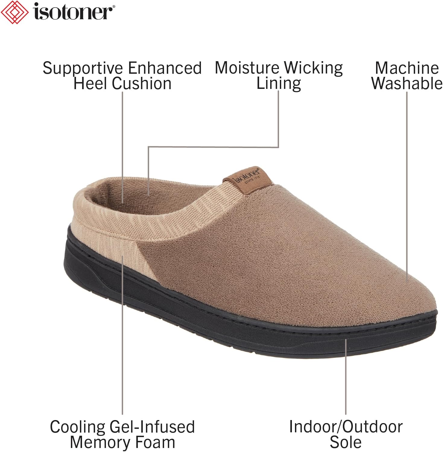 Мужские тапочки Isotoner Microterry Jake с гелевой памятью формы, Smoky Taupe — фото 2