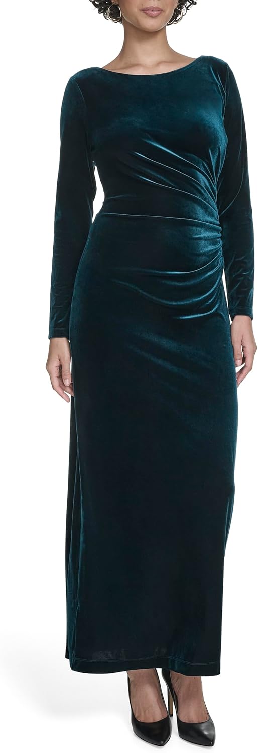 

Женское бархатное платье макси прямого кроя с длинными рукавами и круглым вырезом Calvin Klein, Malachite