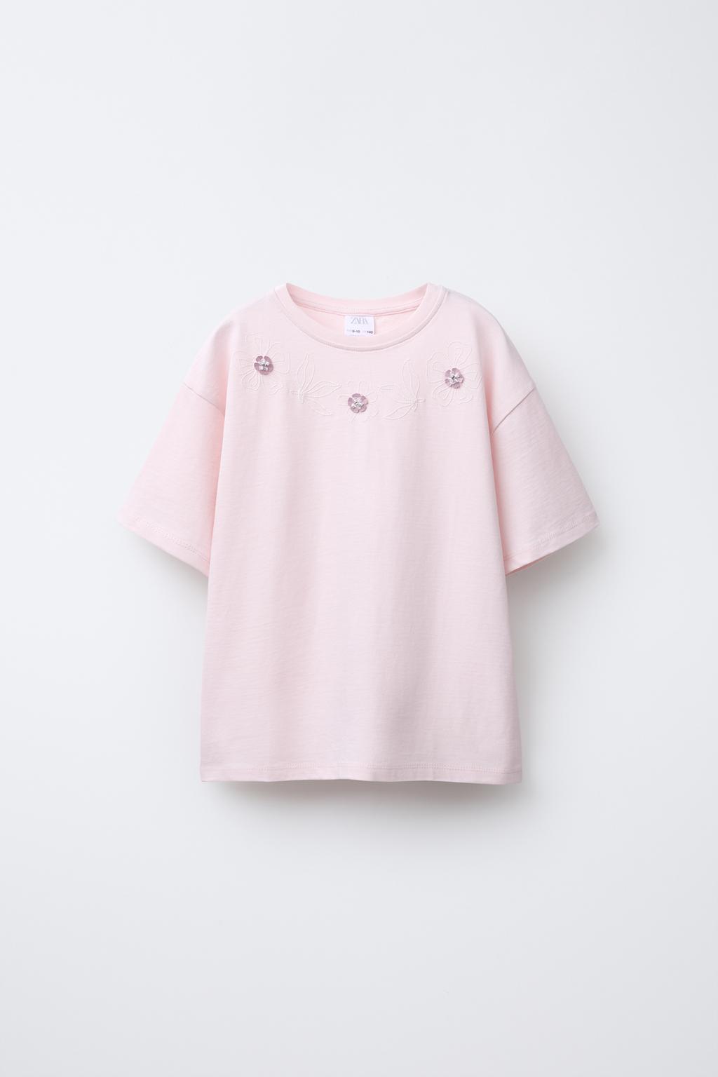 

Футболка с цветочным рисунком и аппликациями из бисера ZARA, розовый