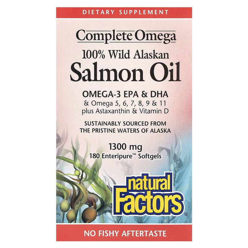 

Natural Factors, Complete Omega, 100% жир дикого аляскинского лосося, 1300 мг, 180 капсул Enteripure