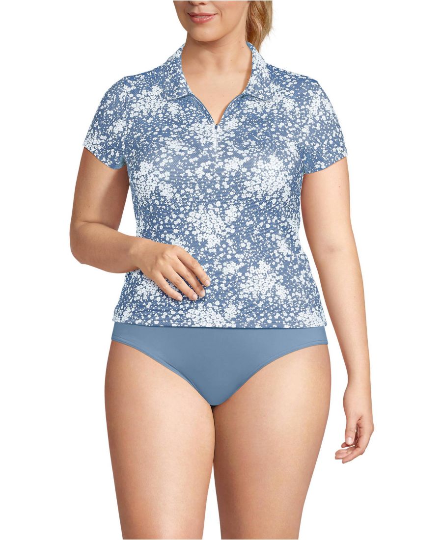 

Защитная футболка от солнца большого размера с коротким рукавом и воротником-стойкой UPF 50 из пике Lands' End, Dusk sky meadow ditsy floral