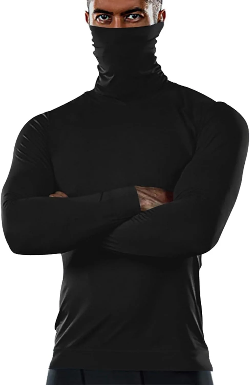 Мужская футболка водолазка slim fit UPF 50+ пуловер легкая эластичная с длинным рукавом майка свитер с высоким воротом Generic, черный