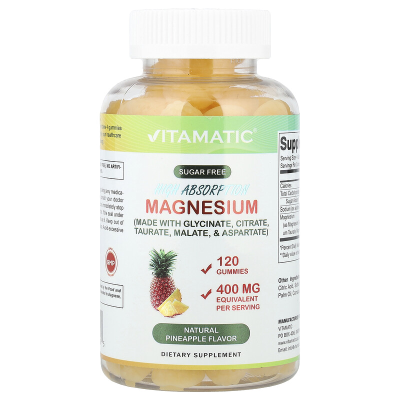 

Vitamatic, Жевательные мармеладки с высоким содержанием магния, натуральный ананас, 400 мг, 120 жевательных мармеладок (100 мг в 1 жевательной мармеладке)