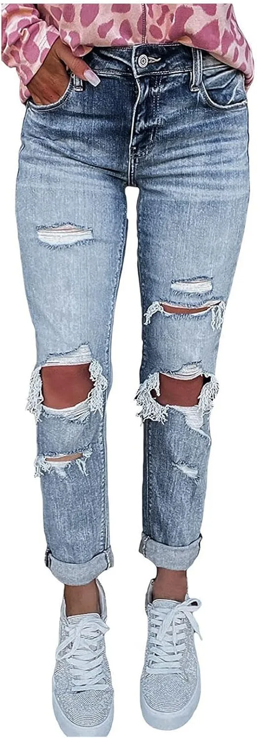 

Akklian Skinny Ripped Blue Jeans для женщин High Waisted