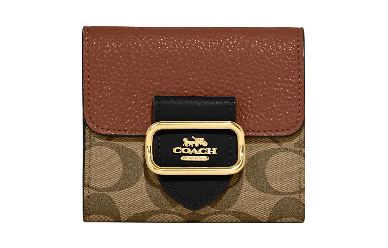 

COACH Холщовый кошелек с кожаным картхолдером небольшого размера для женщин в цвете хаки и коричневый