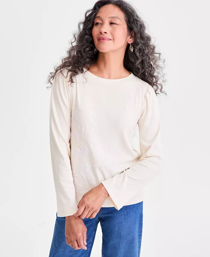 

Топ Petite с длинными рукавами и объемными плечами, расшитый пайетками Style & Co, коричневый/бежевый