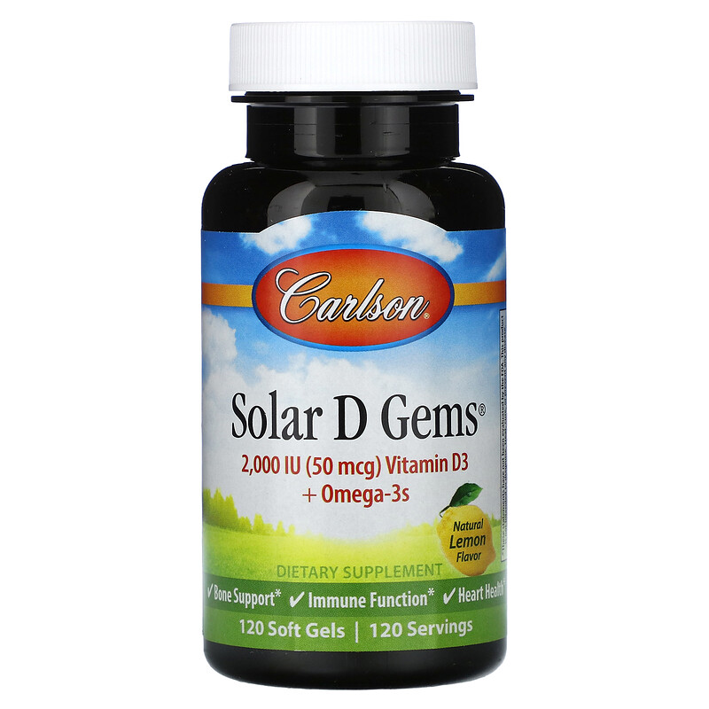 

Carlson, Solar D Gems, витамин D3 и омега-3, натуральный лимон, 120 мягких таблеток