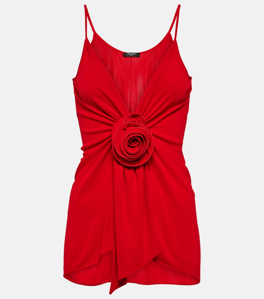 

Топ из крепа со сборками и цветочной аппликацией Balmain, Rouge