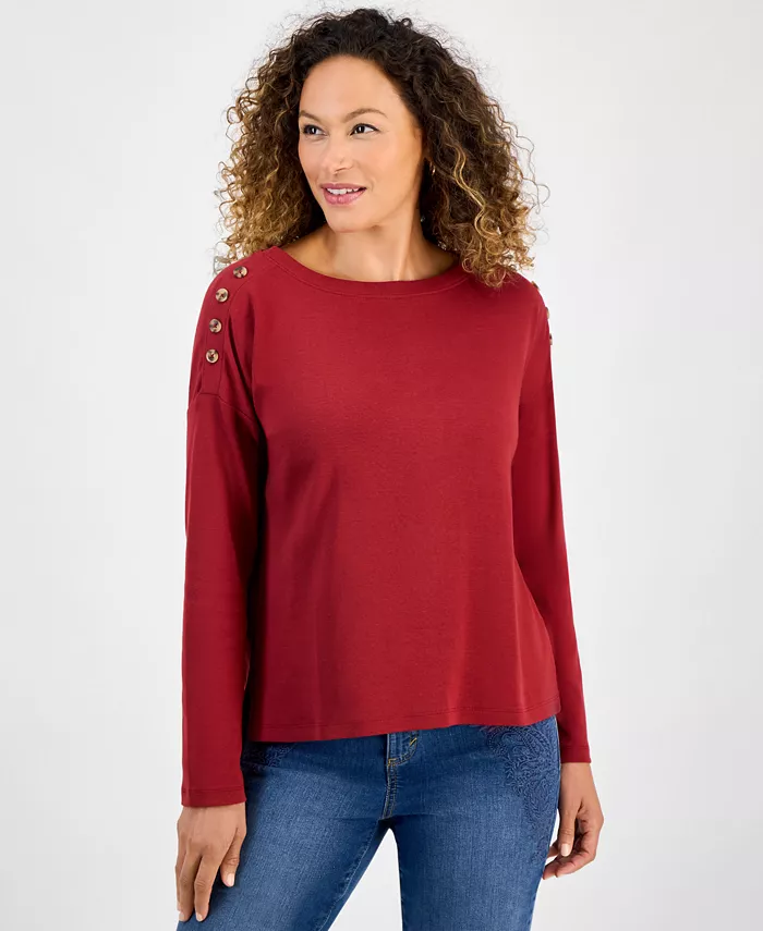 

Маленькая хлопковая блузка с длинным рукавом и круглым вырезом Style & Co, красный