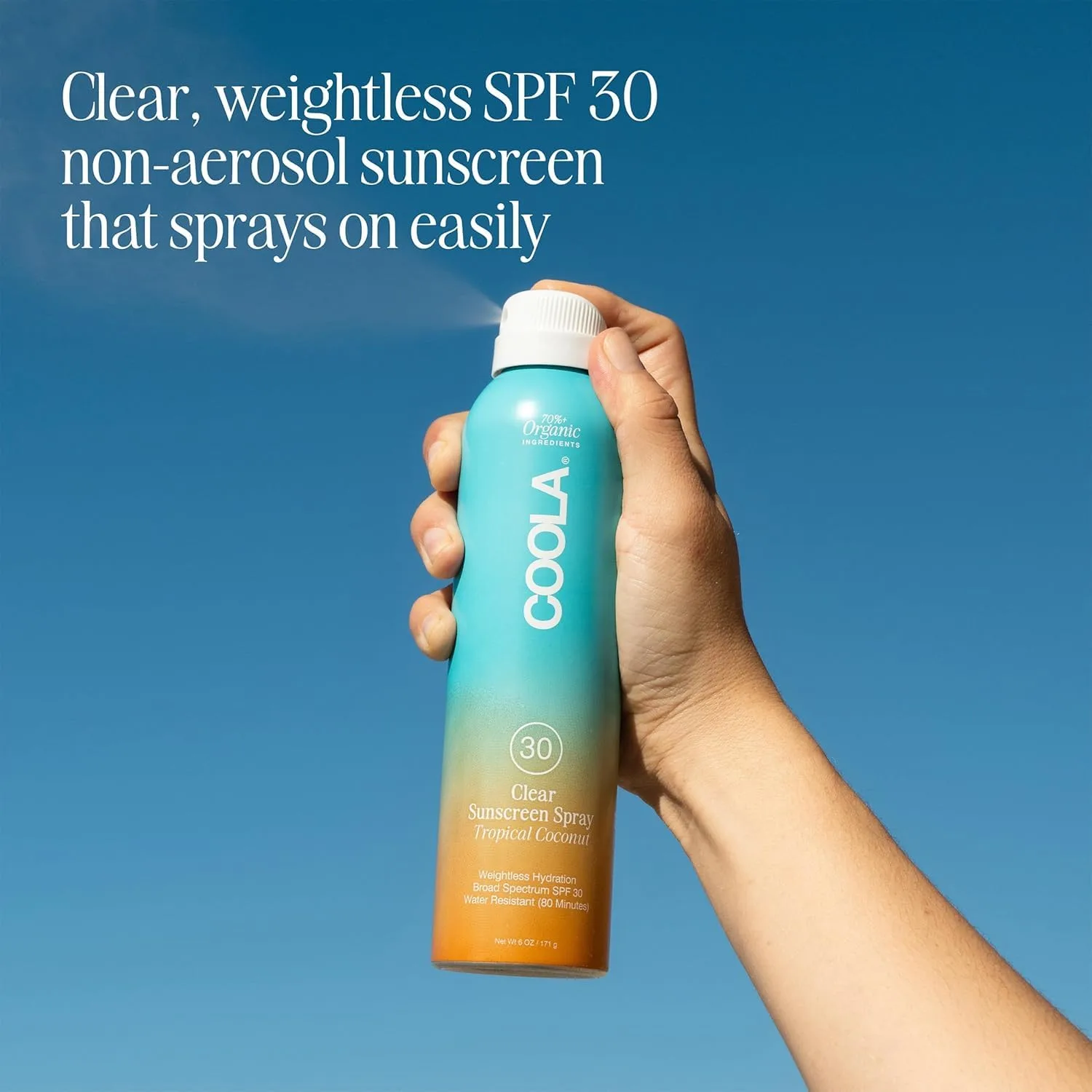 Солнцезащитный спрей COOLA Organic Sunscreen SPF 30, протестирован дерматологами, обеспечивает ежедневную защиту кожи, подходит для веганов и не содержит глютена, аромат тропического кокоса. 177 мл (1 шт.) — фото 2
