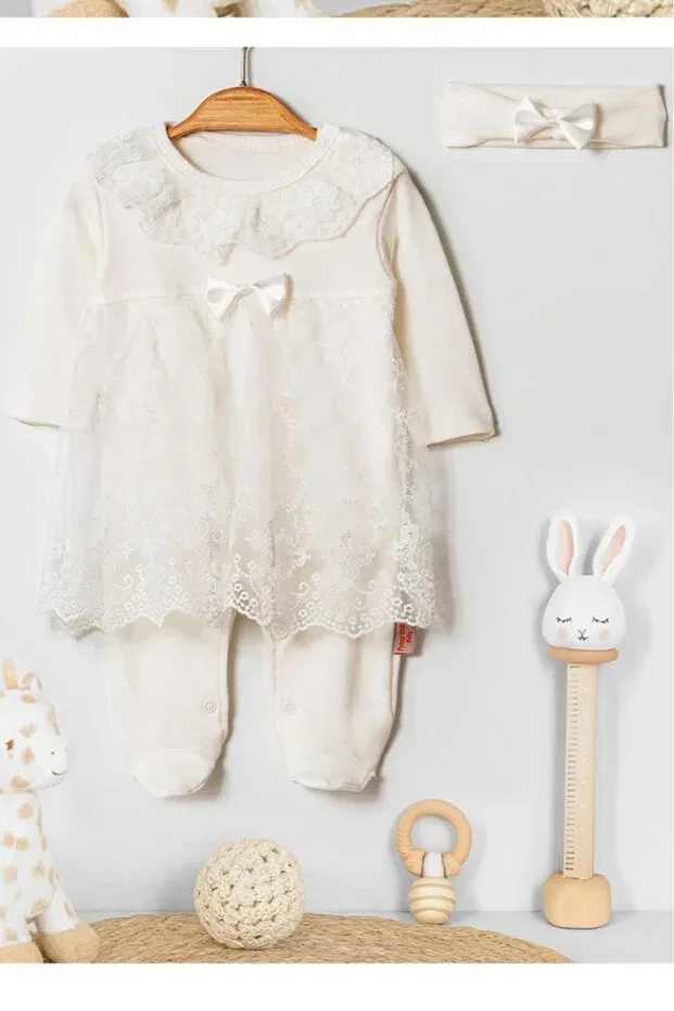 Детский комплект боди и банданы с длинным рукавом Bamoola, White Bow Lace