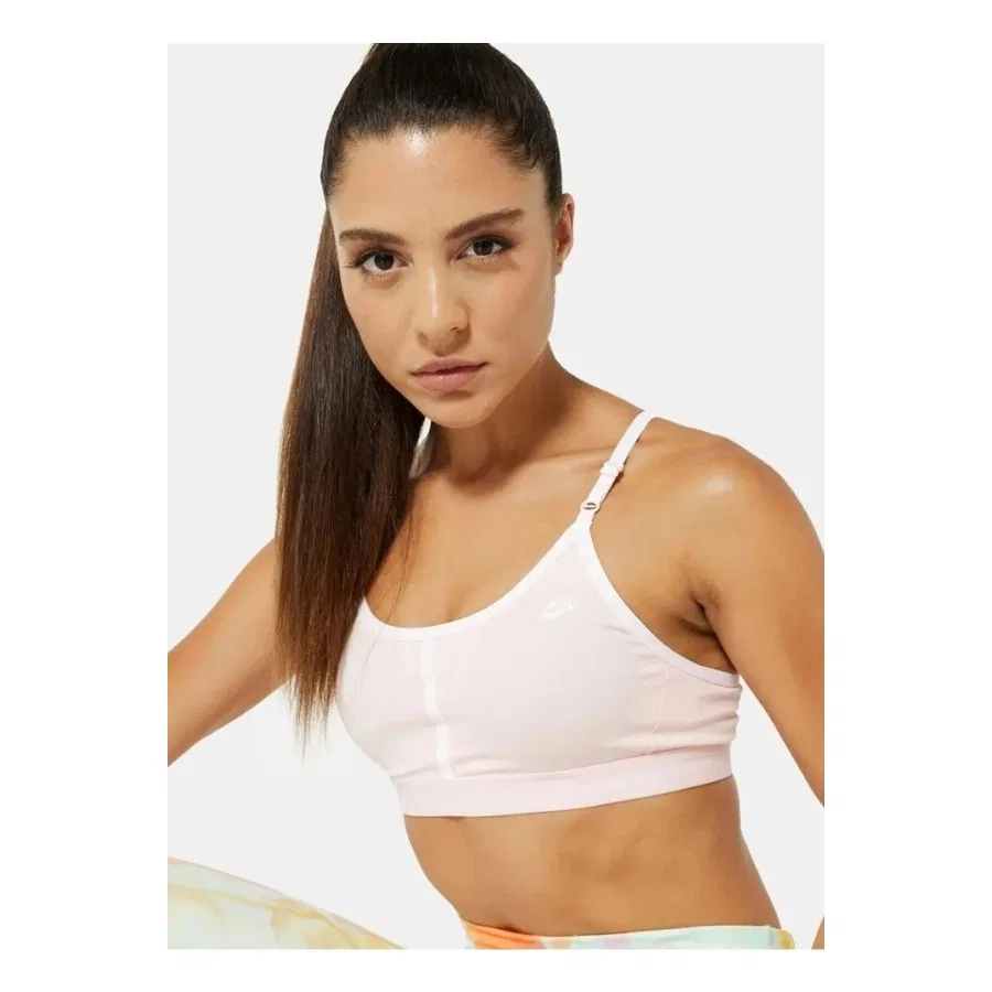 Спортивный бюстгальтер с мягкими чашками Air Dri-Fit Indy Light-Support Padded Logo Tape Sports Orta Destekli Kadın Bra Nike, Светло-розовый