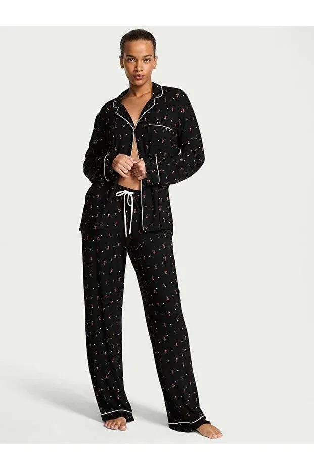 Женский комплект пижам с длинным рукавом Victoria'S Secret, Black And Red Rose Printed
