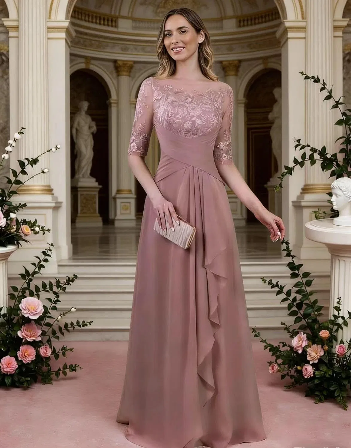 Женское длинное платье с кружевными аппликациями, Blush Pink — фото 3