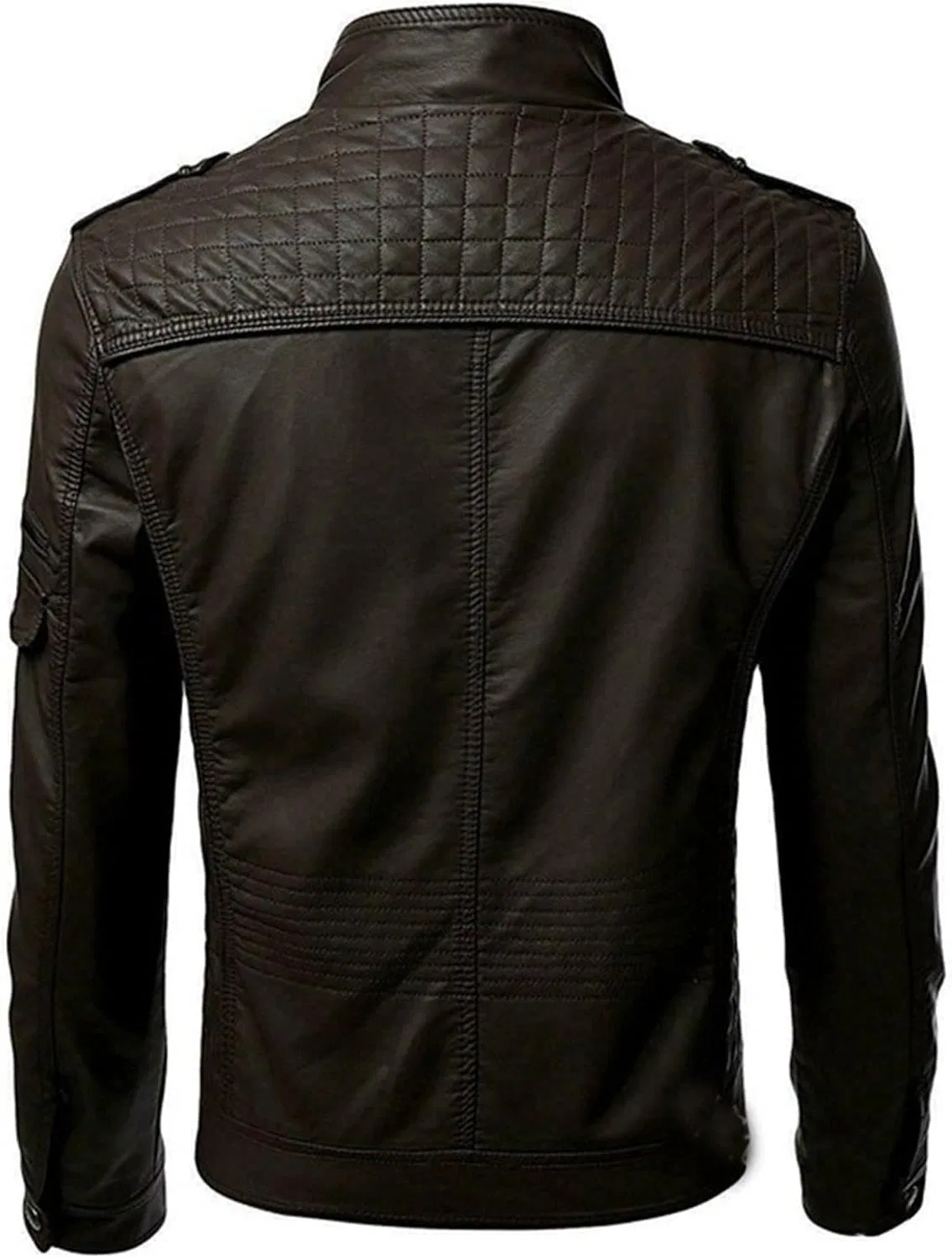 Мужское кожаное пальто с воротником-стойкой, Moto Leather Jacket, чёрный — фото 2