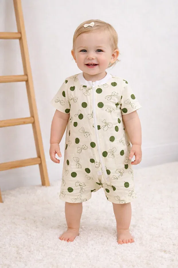 Детское боди-комбинезон с принтом Double Layer Organic Muslin Bowknot Figured Baby Romper Greenmoss, Beige — фото 2