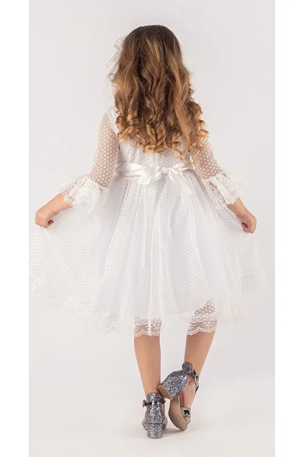 Детское платье для девочек с принтом Double Hat Bow Polka Dot Period Dress Mnk, White — фото 3