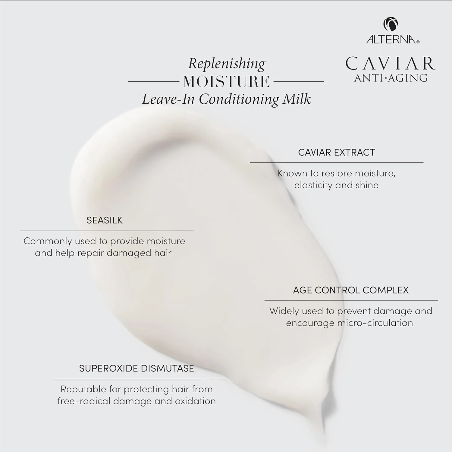 Alterna Haircare CAVIAR Антивозрастное восстанавливающее увлажняющее несмываемое кондиционирующее молочко, 140 мл | Распутывает сухие волосы | Без сульфатов, без парабенов — фото 4