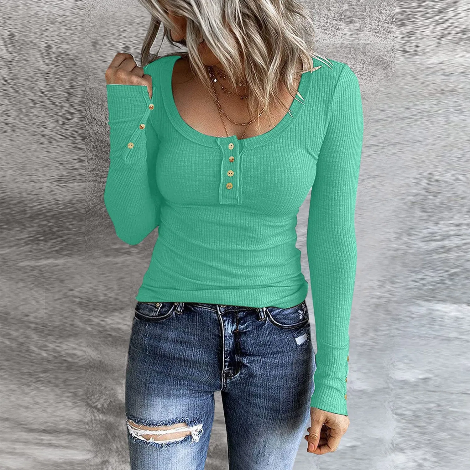Женская футболка с длинным рукавом и пуговицами, Light Green — фото 3