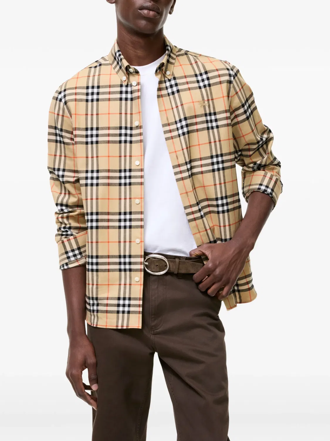 Хлопковая рубашка свободного кроя в клетку Burberry, нейтральные — фото 4