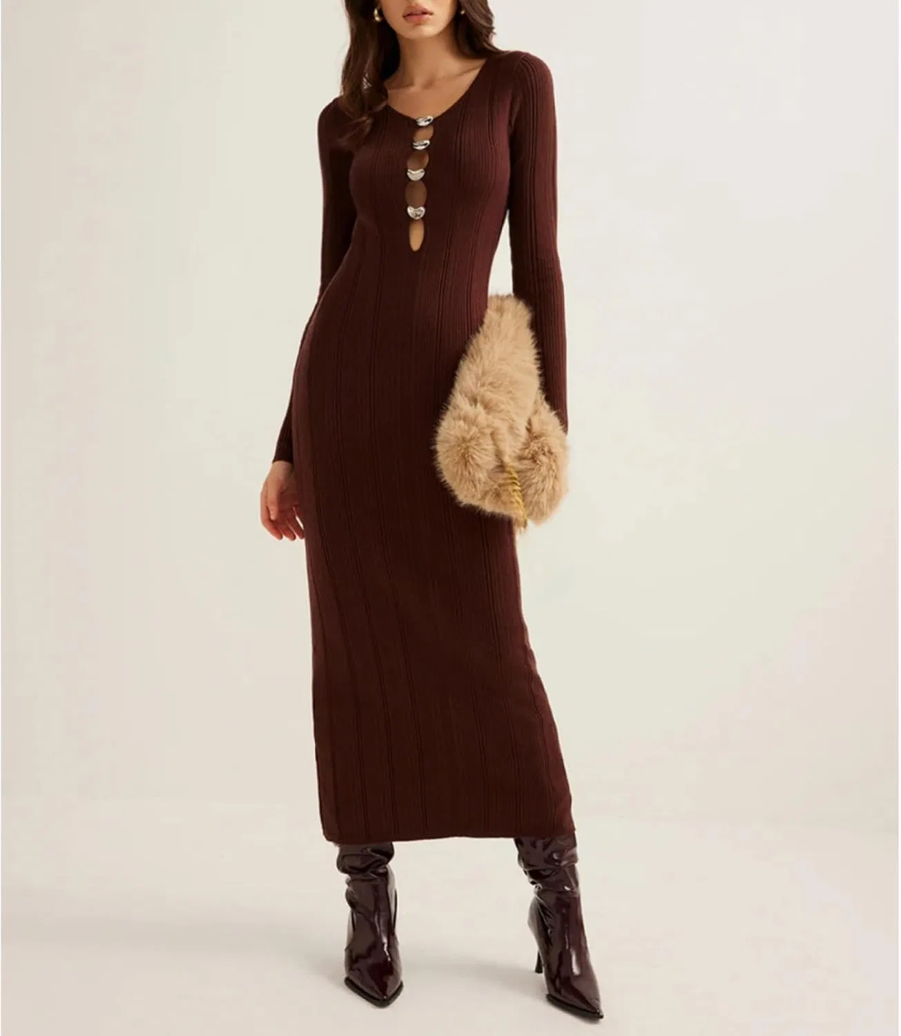 Женское платье-свитер с вырезами bodycon Ribbed Knit, Dark Brown — фото 2