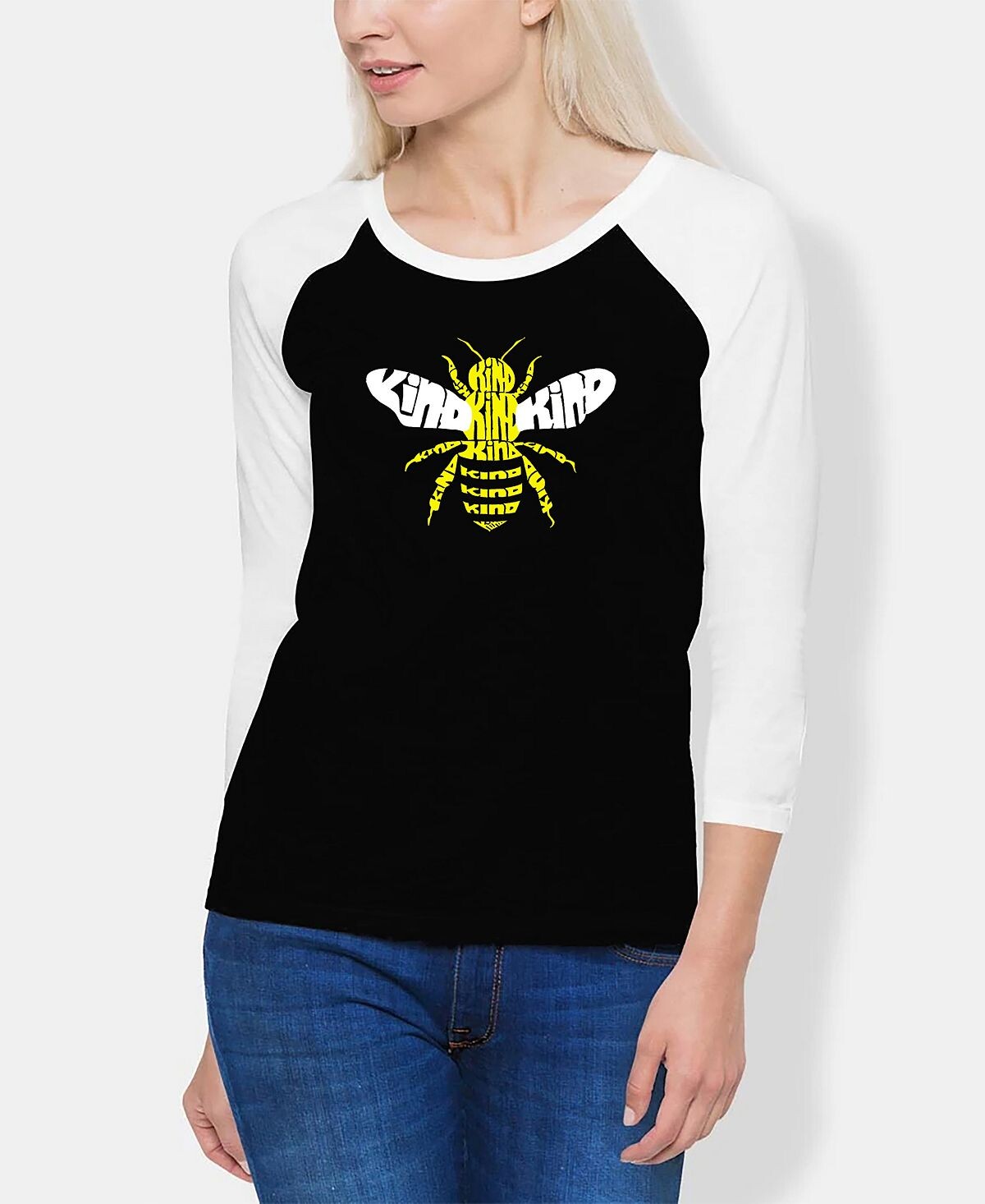 

Женская футболка реглан bee kind word art LA Pop Art, черно-белый