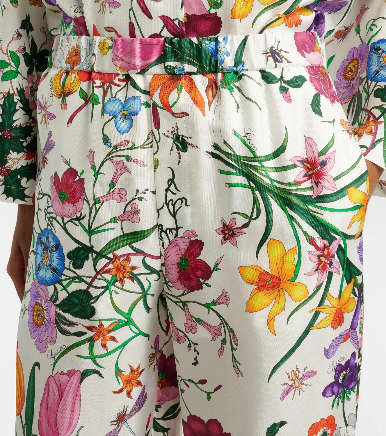 Широкие брюки-палаццо из шелкового твила с принтом Gucci Flora, белый — фото 3
