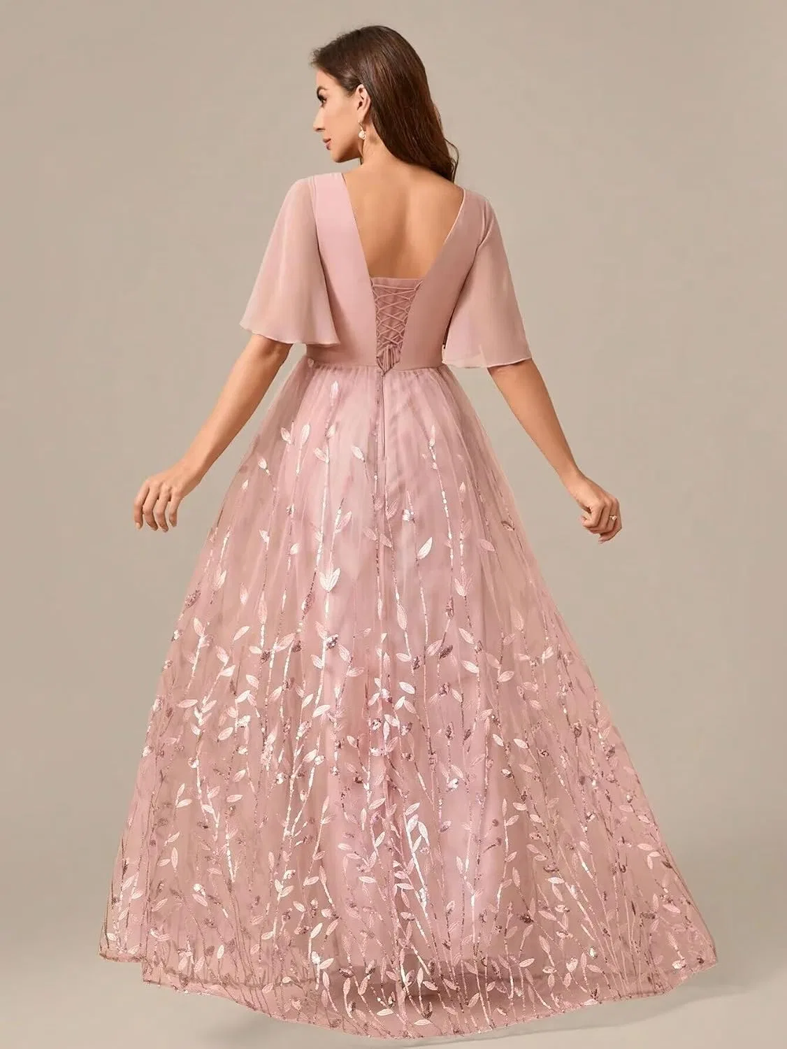 Женское вечернее платье с пайетками и листьями, LA150, Dusty Rose — фото 3