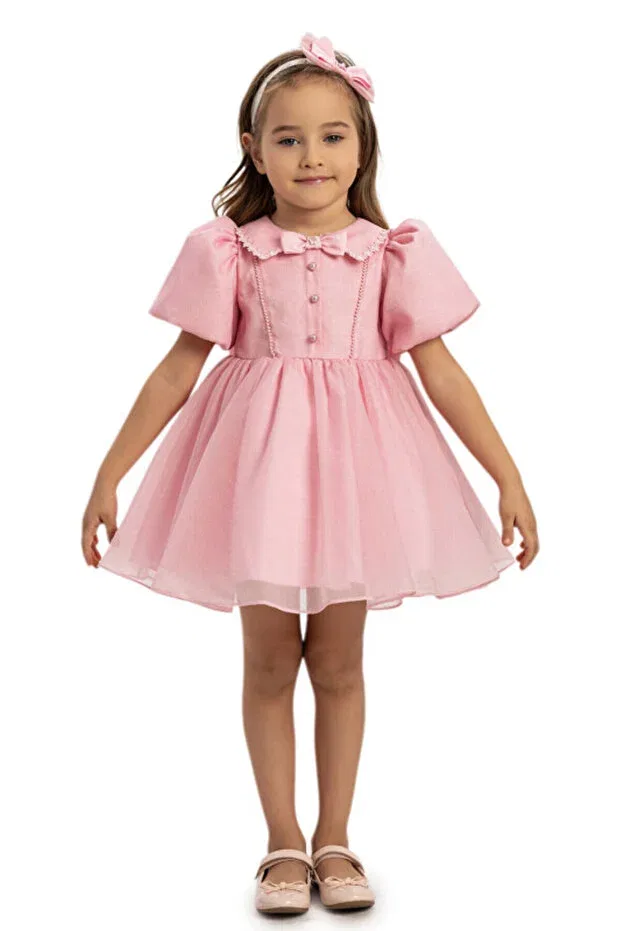 Детское платье для девочек с жемчугом Evening dress pearl detailed baby special occasion dress with hair accessory Pamina, Pink — фото 2