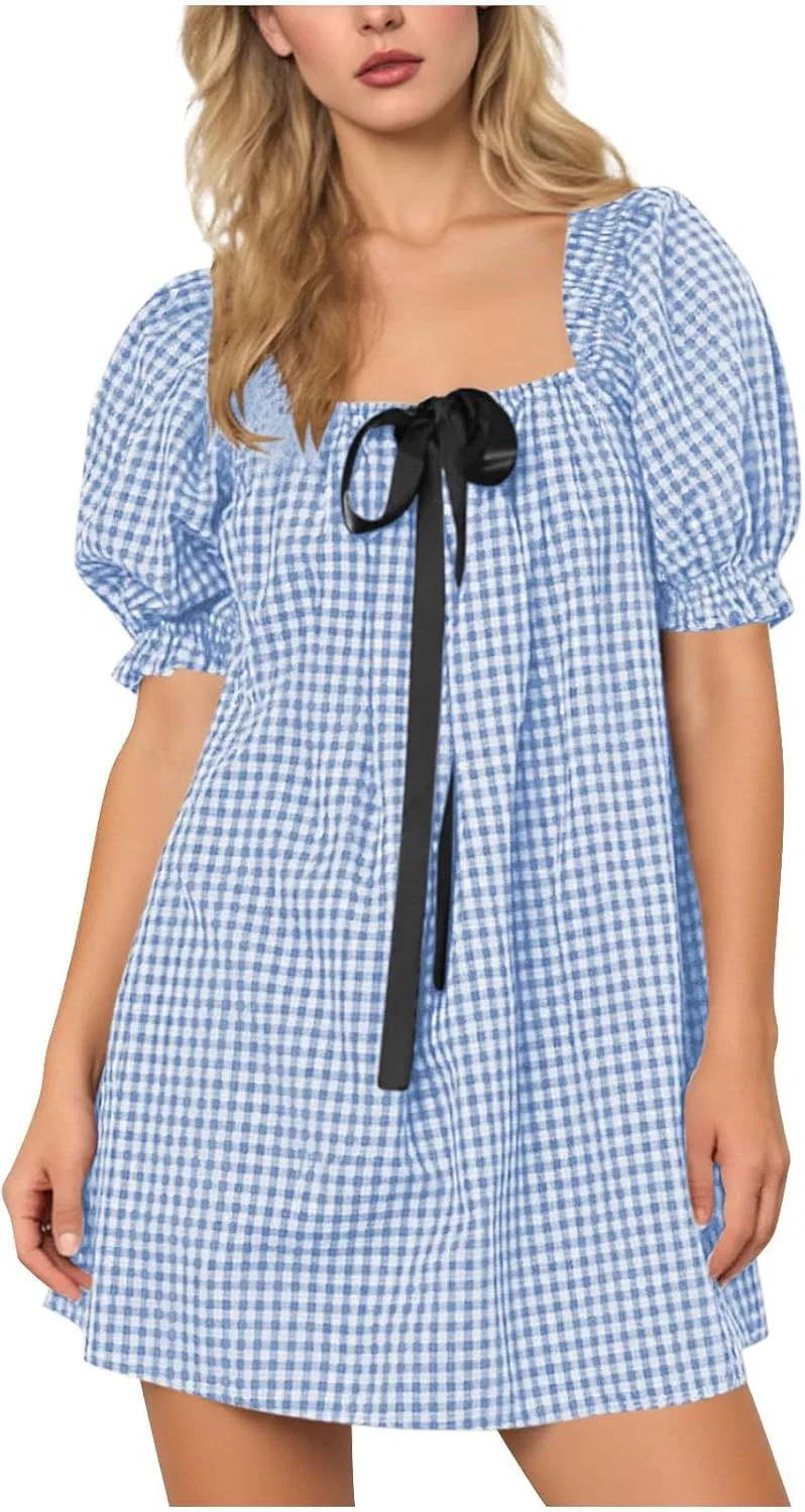 Женское платье мини с квадратным вырезом и пышными рукавами, Light Blue
