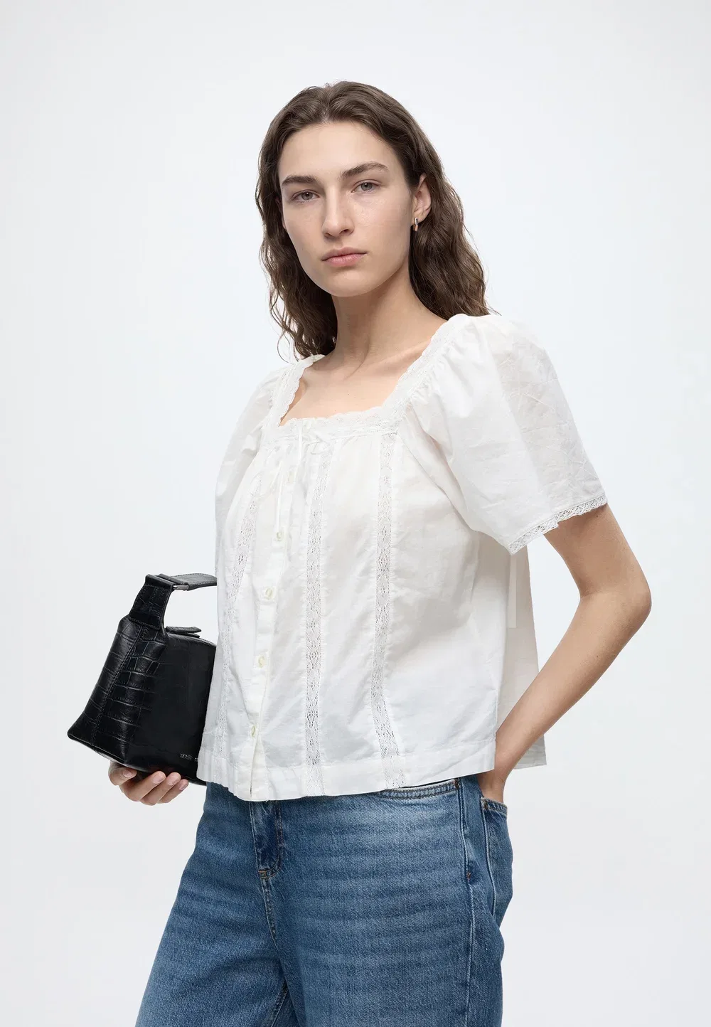 Кружевная женская блузка с квадратным вырезом Gap, New Off White — фото 4