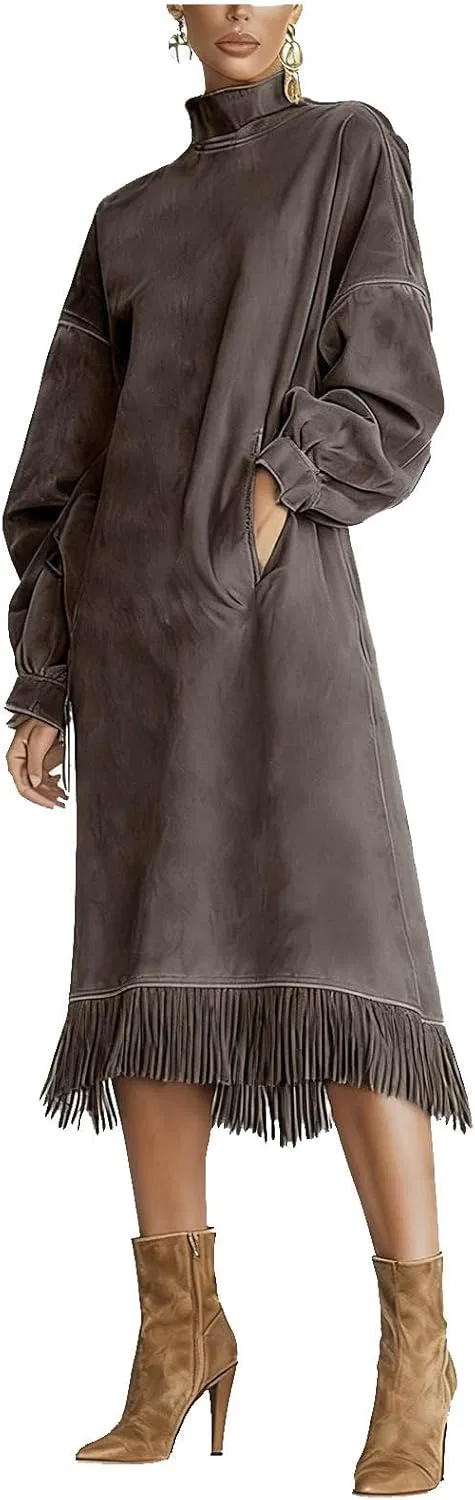 Женское платье миди с бахромой Faux Suede, Coffee
