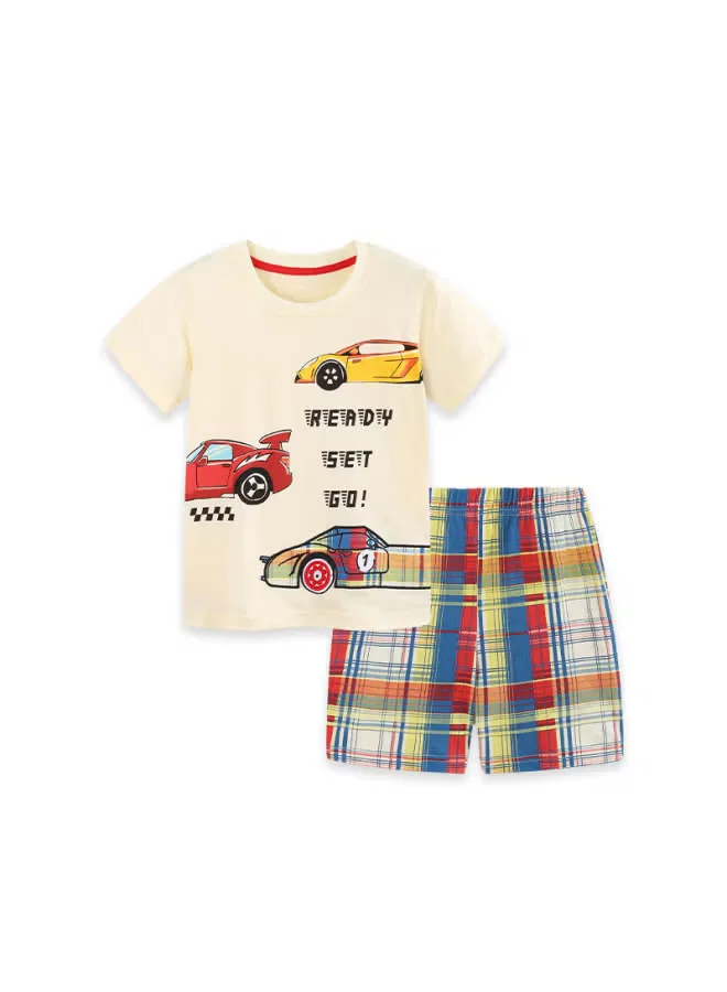 Комплект шорт с принтом машин модель New summer car print boys' short-sleeve set european and american style children's plaid shorts two-piece set Aosta Betty Store