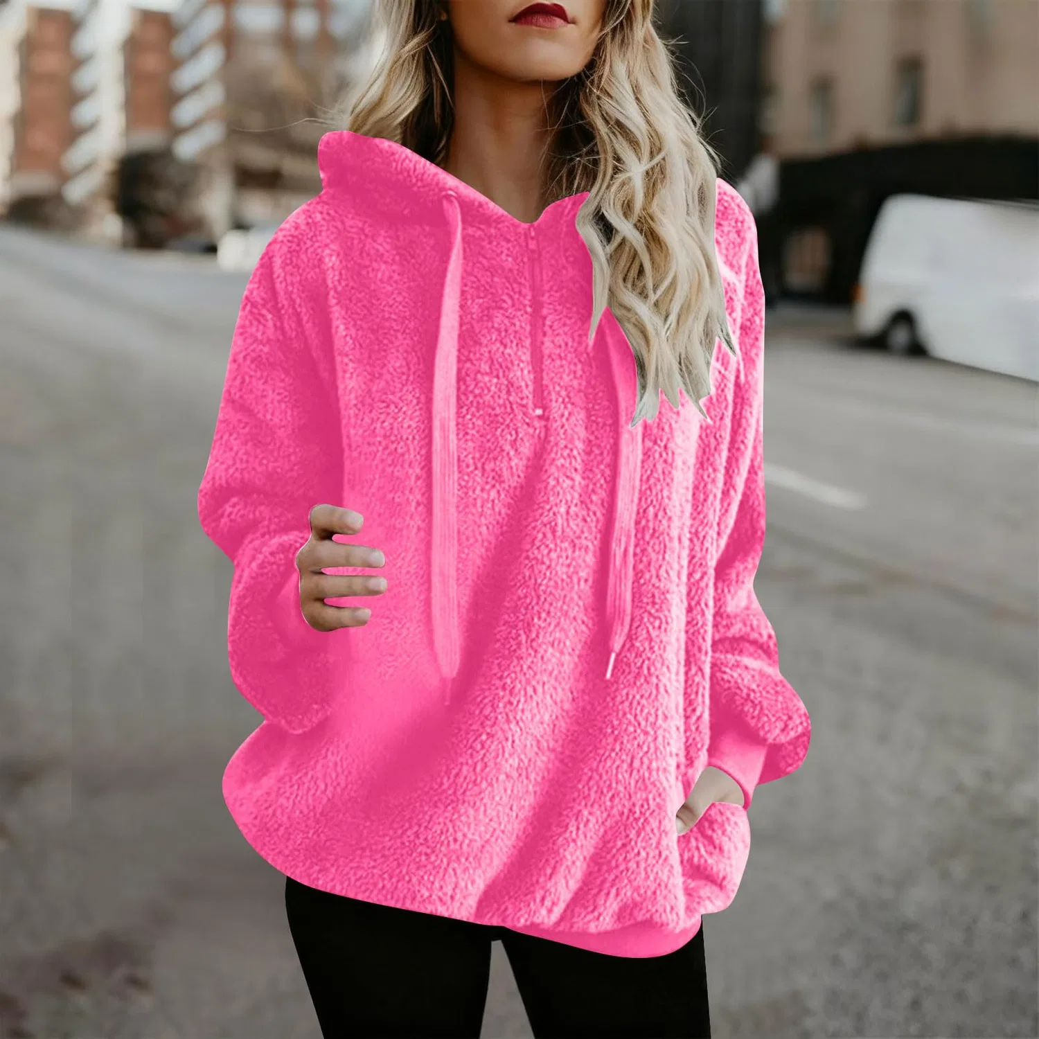 Женский утепленный флисовый худи с молнией 1/4, модель Furry Sherpa, бренд, pink — фото 2